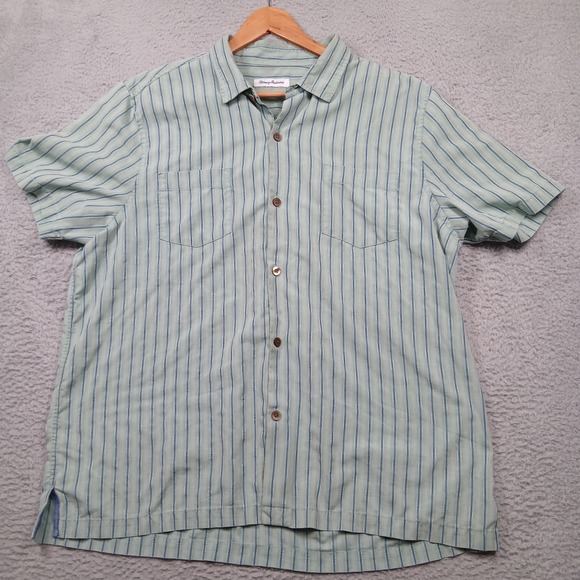 Tommy Bahama XXL Mens Shirt Button Up Short Sleeve Striped Green Blue - Picture 1 of 6